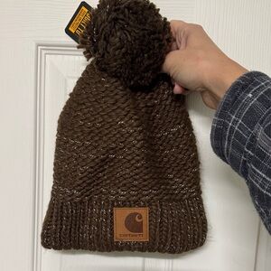 Carhartt Dark Brown Knit Beanie with Pom-Pom